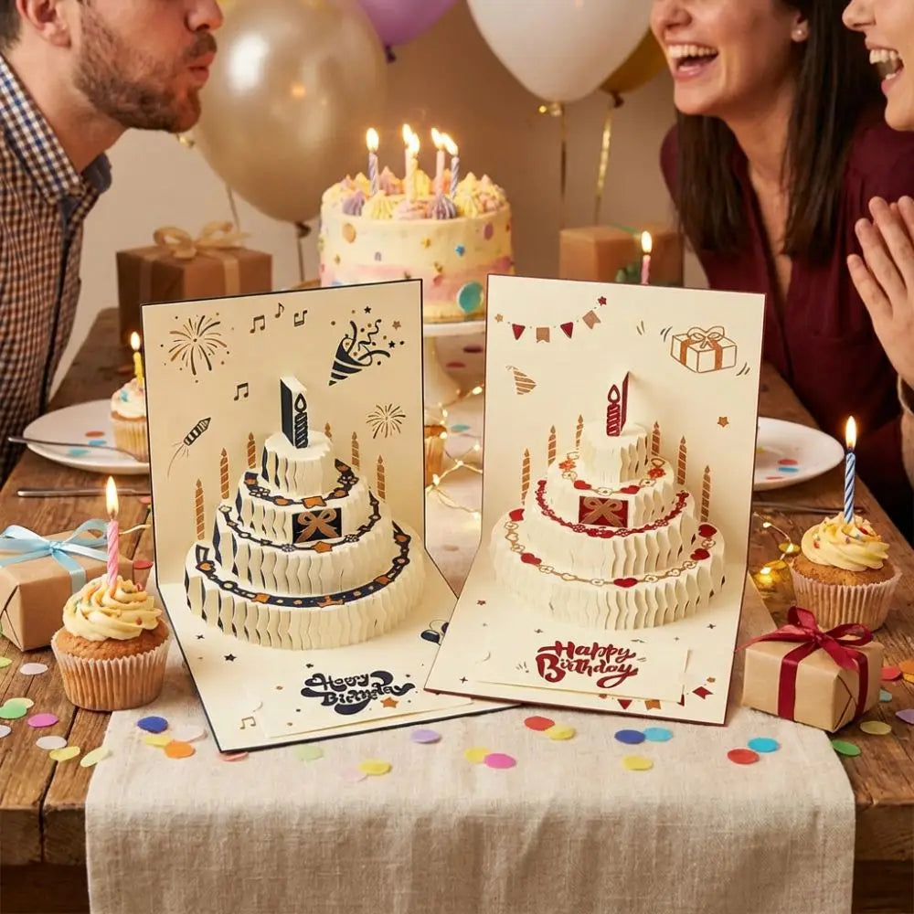 3D Pop-Up Happy Birthday Card – Four-Layer Cake & Envelope