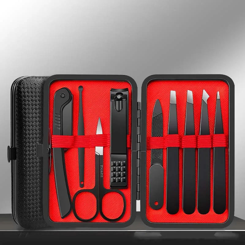 9-Pc Stainless Steel Tweezers & Nail Scissors Kit | Leather Case