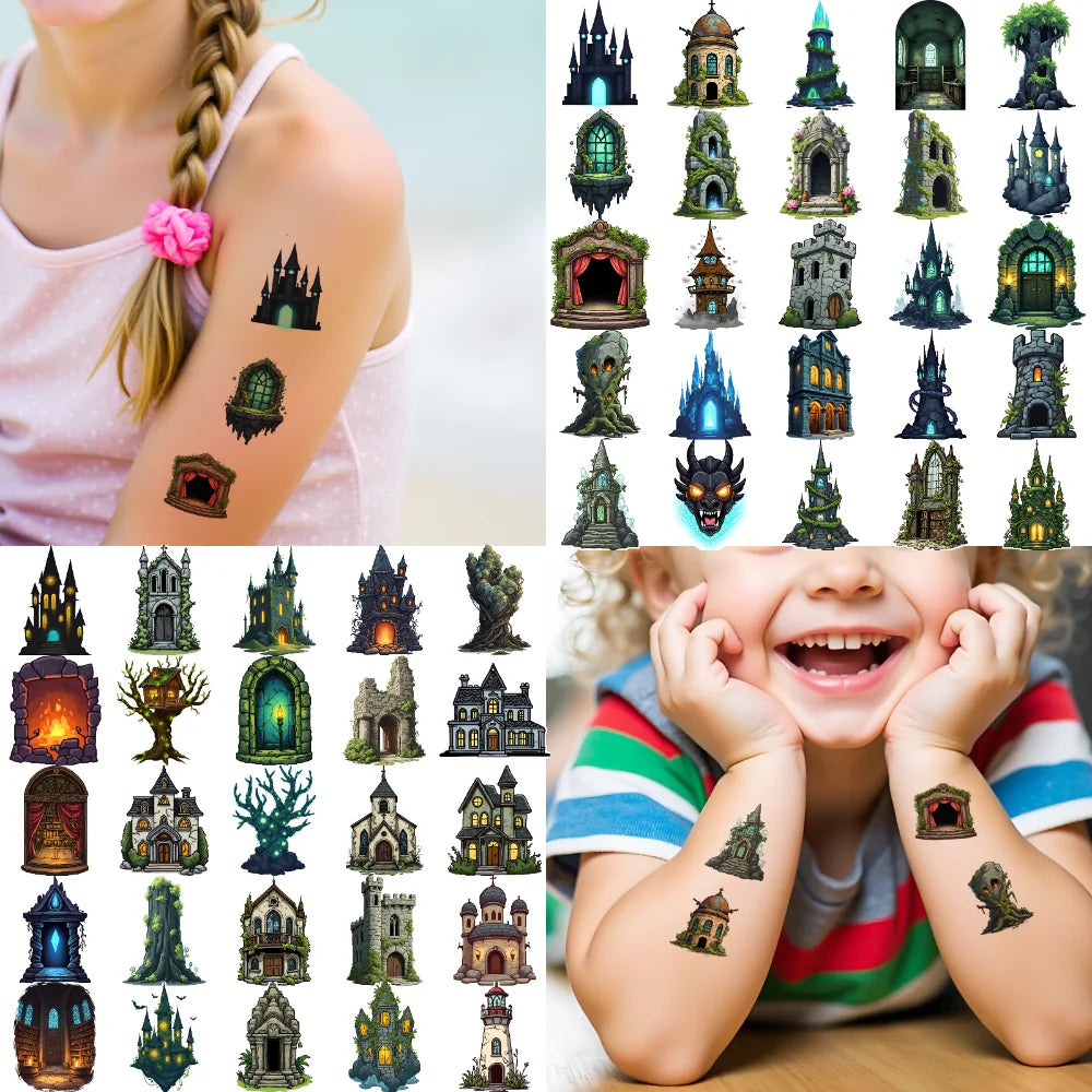 54pcs Fantasy Castle & Tree Temporary Tattoos – Waterproof Stickers