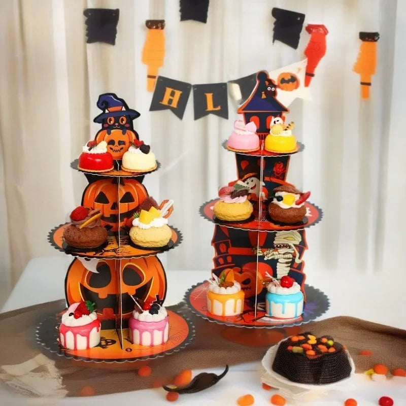 Halloween Hand-folded Assembled Cake Stand Holiday Party Decoration Paper Three-layer Dessert Tray Decoration Oasis Select
