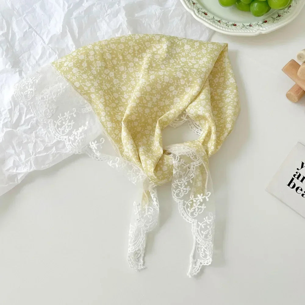 New French Style Triangle Scarf Small Flowers Fabric Turban Bandana Hair Accessories Lace Hair Bands for Spring Summer Oasis Select F