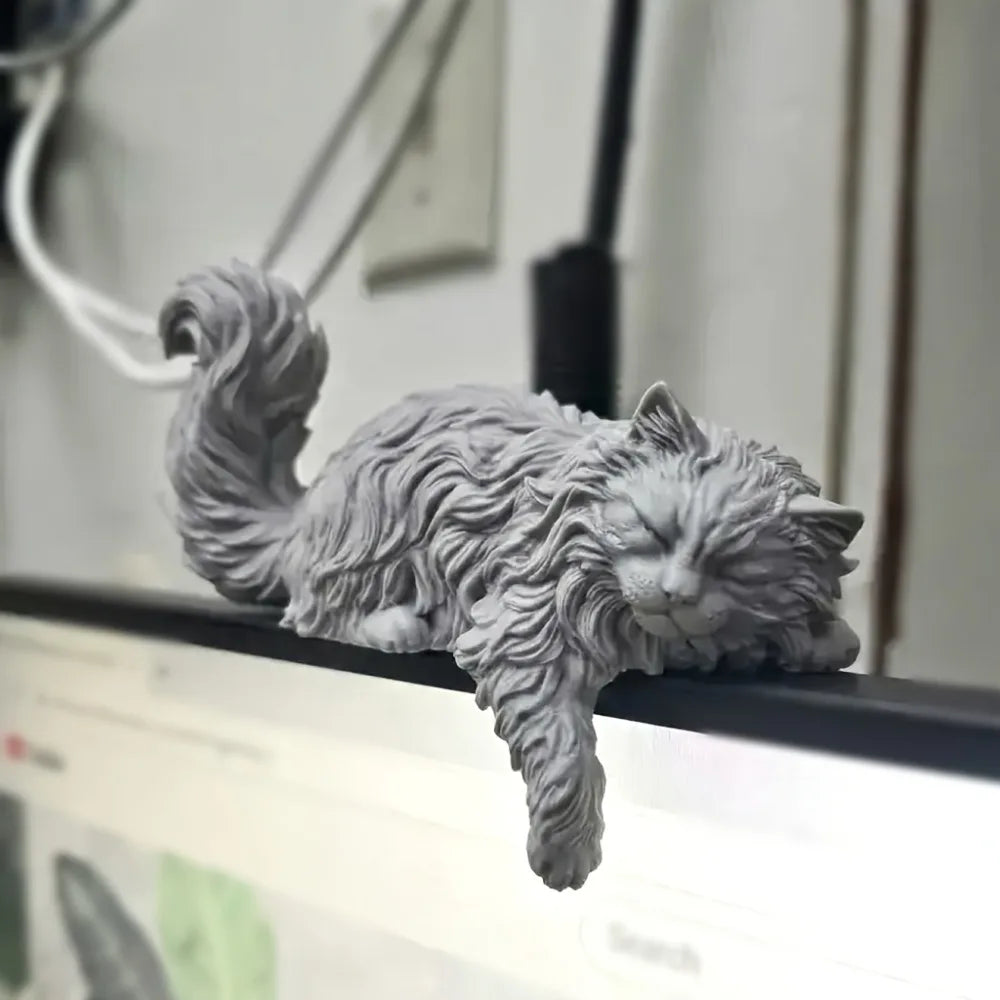Cute Long Hair Sleeping Cat Figurine 3D Printed Mini Pet Computer Monitor Hanging Decor Desk Ornament for Home Office Decor Gift Oasis Select