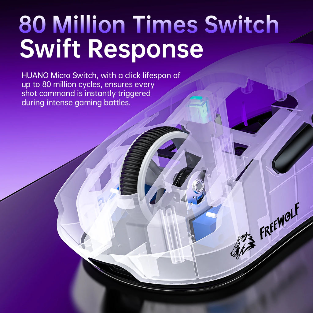 FREEWOLF A5 Wireless Gaming Mouse, Lightweight 59g, PAW3311 Sensor, 80M Huano Switches, Tri-Mode, 1000Hz, Ergonomic Right-Hand D Oasis Select