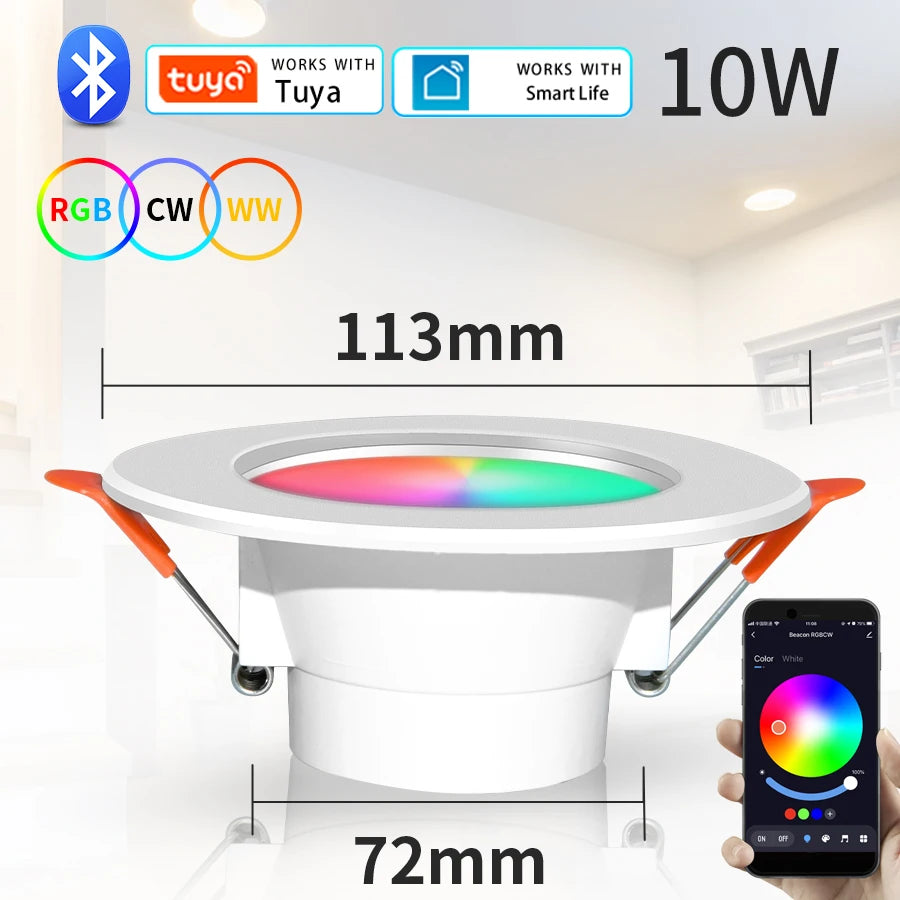 Tuya Smart LED Downlight Bluetooth Recessed Led Spot Lights 10/15W AC85-265V RGB+CW+WW APP Control Works With Smart Life Oasis Select 10W 1PCS