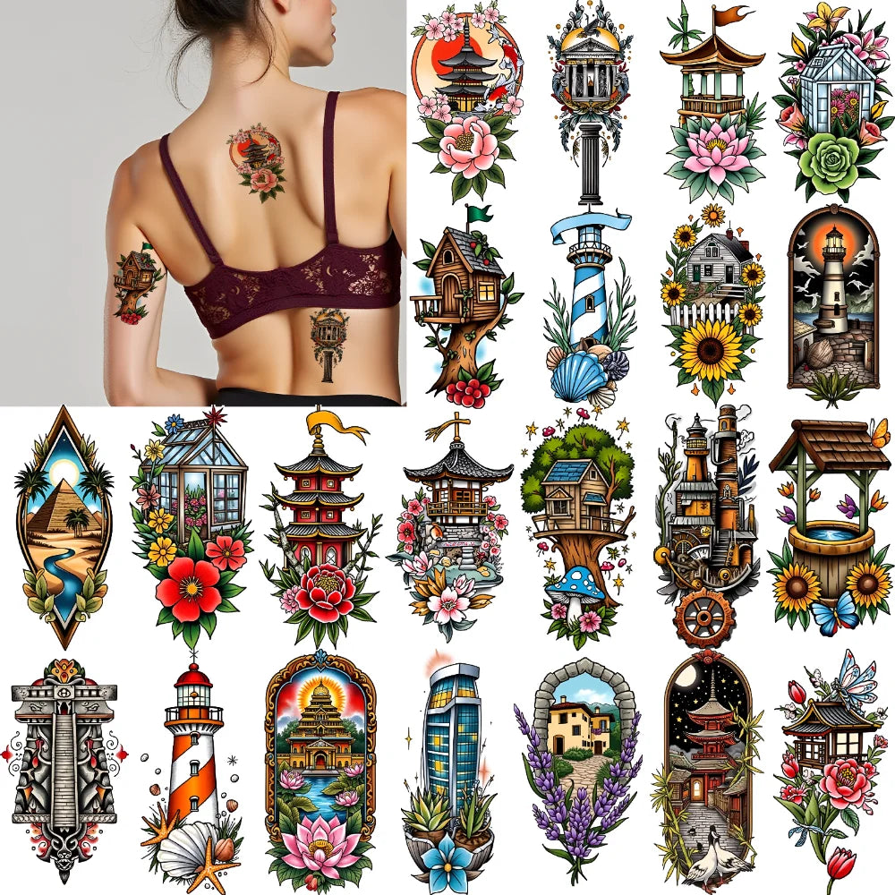 9-Pack Temporary Tattoo Stickers – Lighthouse, Flowers & Church Temporary Tattoo Stickers Oasis Select