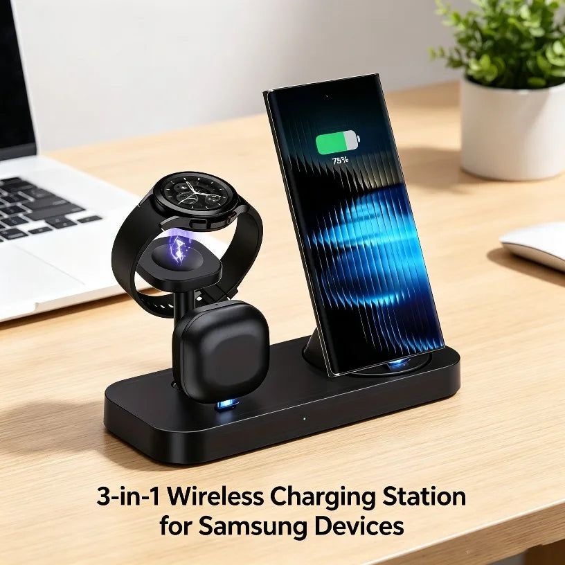 Dual Coil 3 in 1 Wireless Charging Stand Ventilation Hole Overheat Protection Wireless Charger for Samsung Phone Watch Earphones Oasis Select