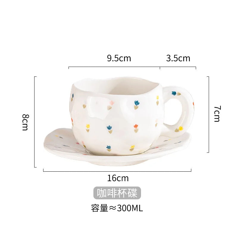 Ceramic Mugs & Saucers Set Coffee Cups Hand Pinched Irregular Flower Milk Tea Cup Ins Style Oatmeal Breakfast Mug Drinkware Oasis Select Small-floral-set 301-400ml
