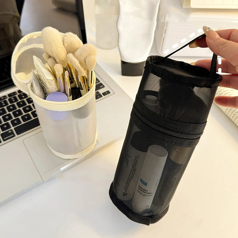 Mesh Dual-use Makeup Brush Storage Bag Portable Brush Case Simple Large Capacity Brush Bucket Holder Travel Stand-up Pouch Oasis Select
