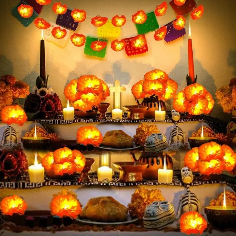 5 Ft LED Orange Marigold Garland Lights for Day of The Dead Halloween Diwali Christmas Party Home Decoration Oasis Select