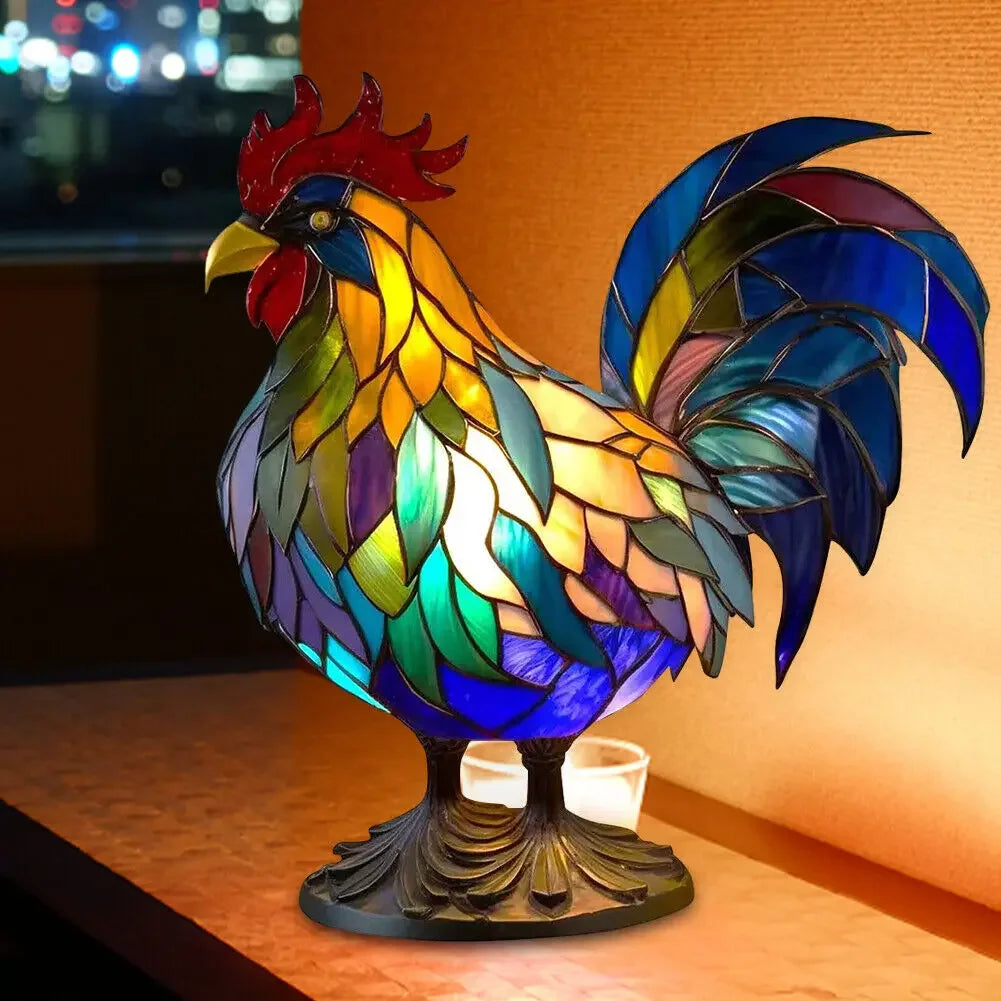 Resin Stained Glass Animal Table Light Night Light Owl Horse Rooster Elephant Table Lamp for Living Room Home Bedroom Decoration Oasis Select Rooster