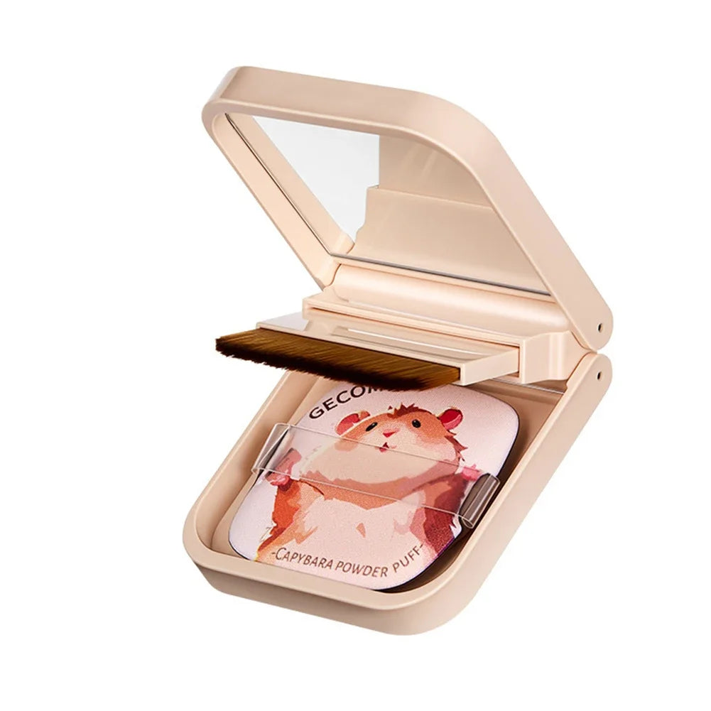 Foldable Compact Makeup Mirror Case Cute Hamster Pattern Soft Foundation Brush & Skin-friendly Powder Puff Pocket Beauty Kit Oasis Select 01