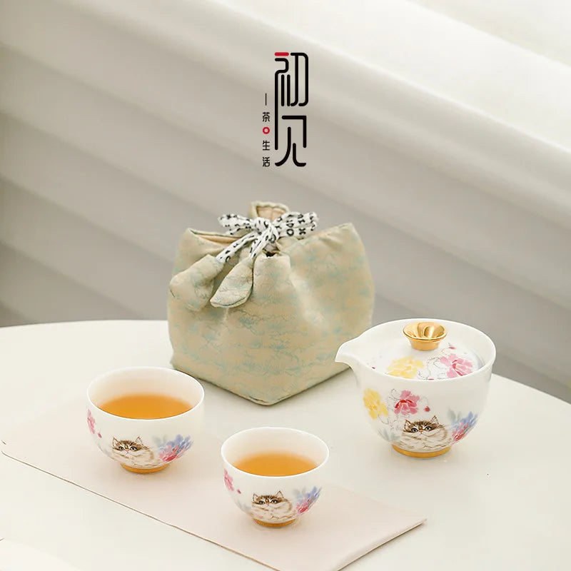 Hand Drawn Cat Quick Cup One Person Tea Set Portable Travel Tea Set Outdoor Tea Making Storage Bag Oasis Select