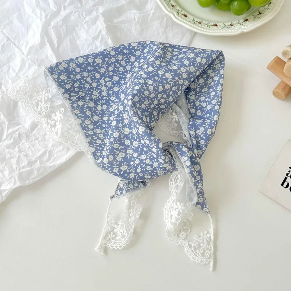 New French Style Triangle Scarf Small Flowers Fabric Turban Bandana Hair Accessories Lace Hair Bands for Spring Summer Oasis Select H