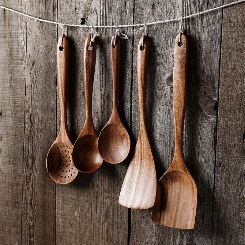 5pcs Wood Kitchen Utensil and Spoon Sets - Smooth Finish Non-Stick Cooking Spoons with Comfort-Grip, Wooden Spatula for Soup Oasis Select