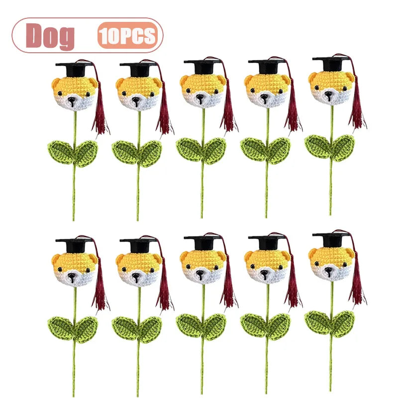 Graduation Season Crochet Bouquet with Graduation Cap Handmade Knitted Flower for Boys Girls Teacher Gift School Oasis Select Dog-10PCS