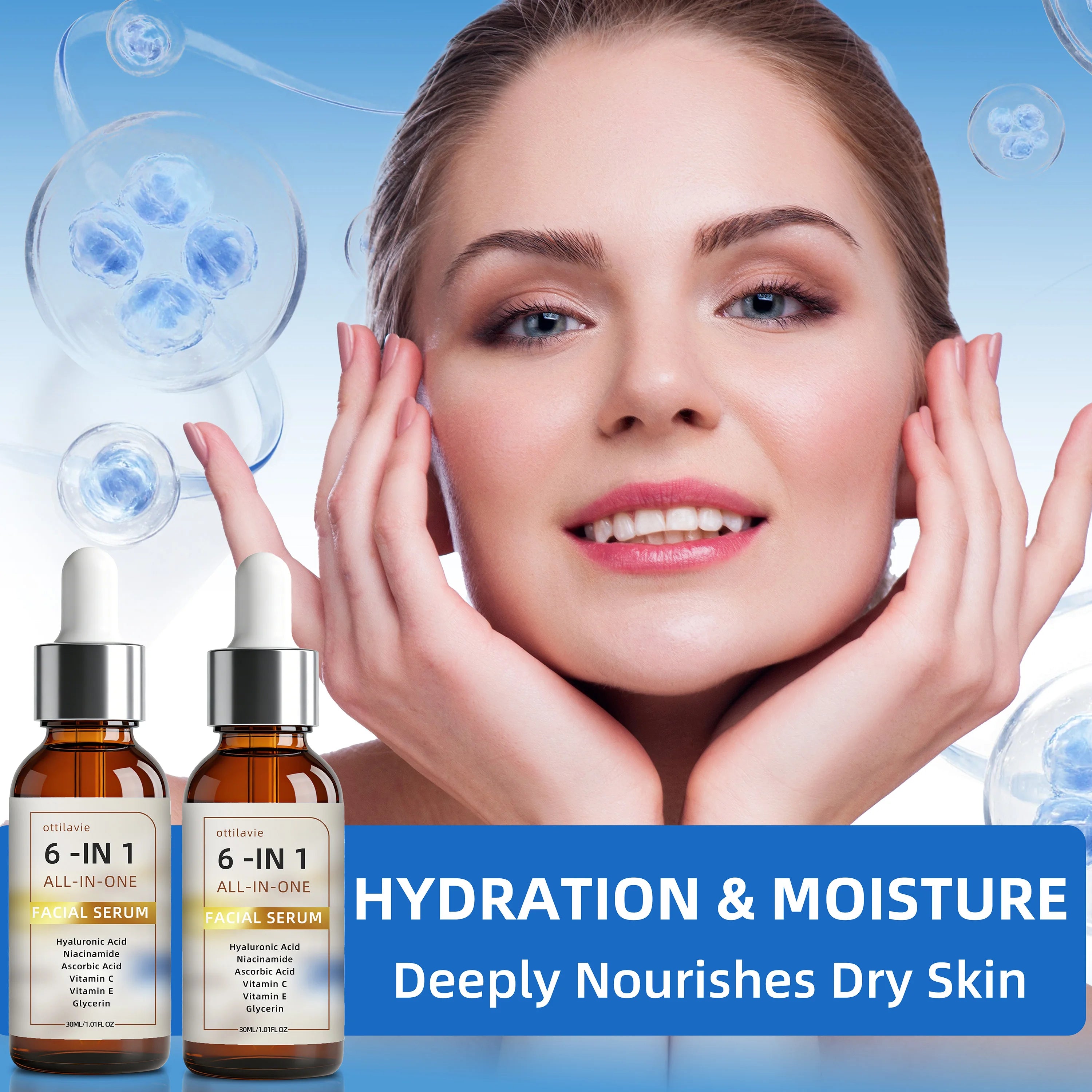 Ottilavie 6-in-1 Facial Serum 2pc – Hydrate, Firm & Even Tone Facial Serum Set Oasis Select