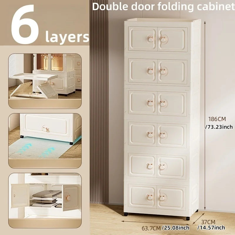 Foldable Storage Cabinet,Multi-Tier Heavy-Duty Organizer with Single/Double Door Design,Rolling Wheels for Living Room/Bedroom Oasis Select 2doors 6 Layers