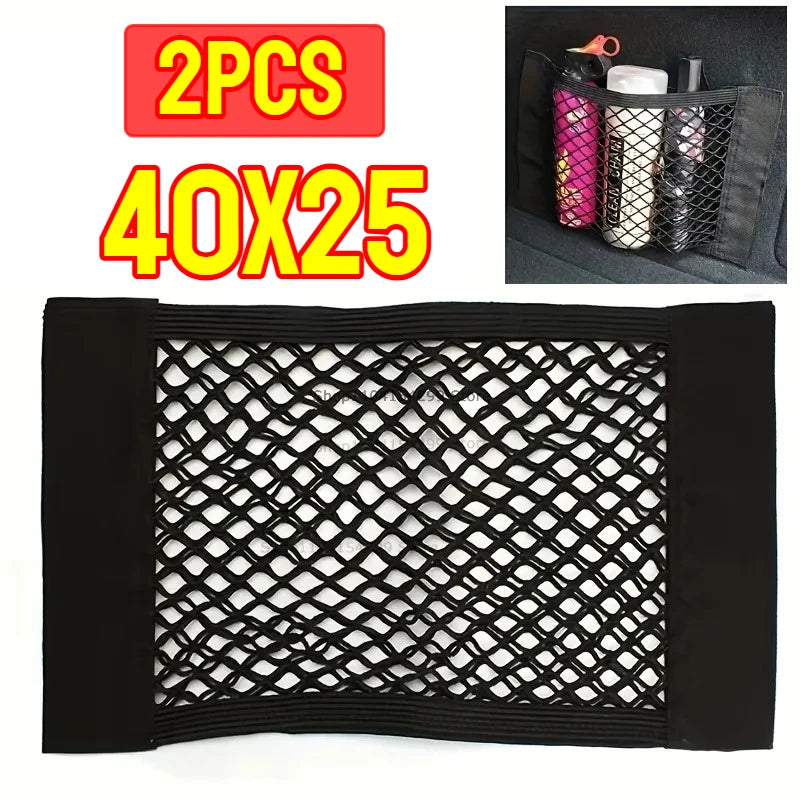 Car Back Rear Trunk Organizer Net Mesh Seat Elastic String Magic Sticker Universal Storage Bag Pocket Auto Put Paper Stowing Oasis Select 40x25-2PCS
