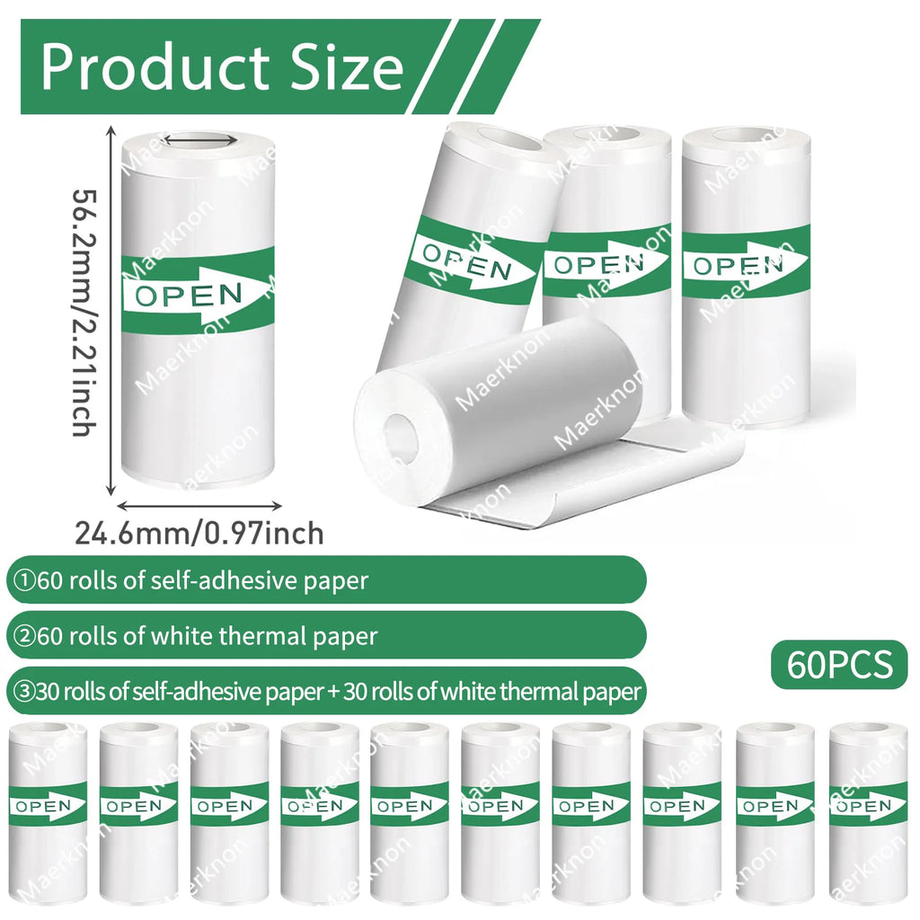 60 Rolls Mini Printer Adhesive Paper Self-adhesive Paper White Thermal Paper Printer Label Sticker For Photo lnkless Printer57mm Oasis Select