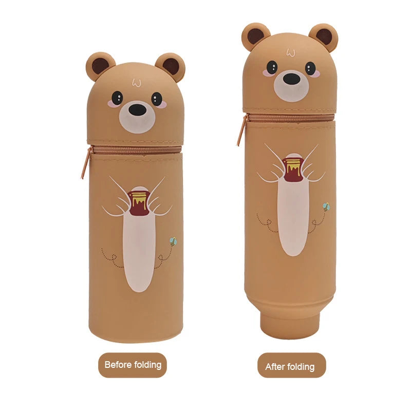 Cute Animal Pencil Case, 2-in-1 Pencil Bag with Zipper Pen Holder, Soft Silicone Pencil Case, Suitable for School Office Oasis Select Honey Bear