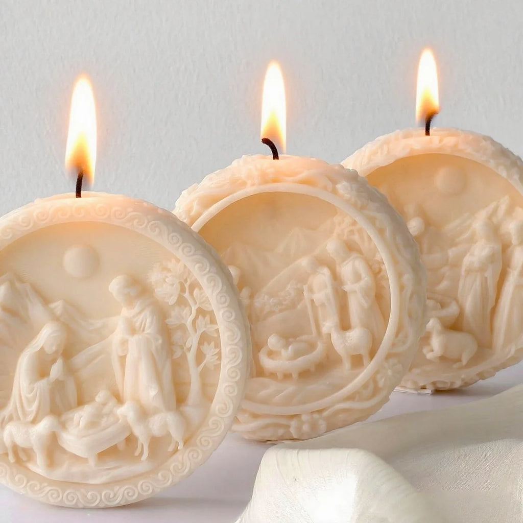 3D Nativity Scene Mold, Round Silicone Jesus Birth Candle Mould, Resin Fondant Gypsum Plaster Wax Soap Chocolate Crafting DIY Oasis Select