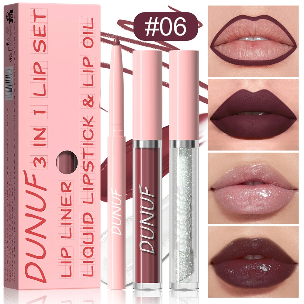Lip Gloss Lip Liner Lip Oil 3pc/set: Matte Lipstick Waterproof Moisturizing Long Lasting Nude Y2K Christmas Valentine's Day Gift Oasis Select 06