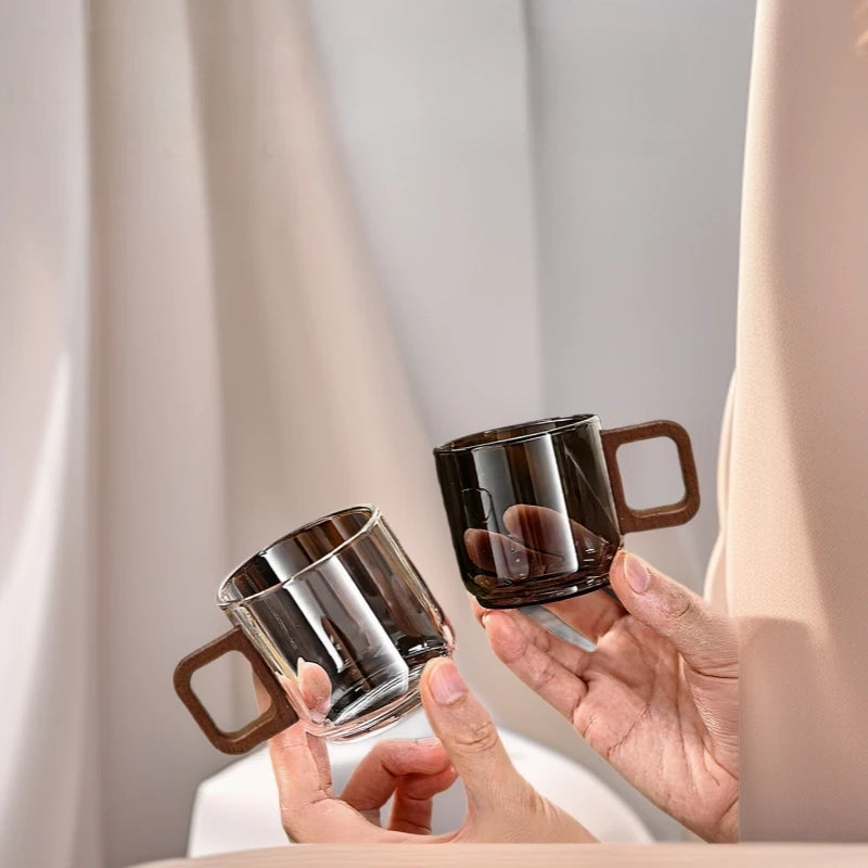 6Pcs Transparent Glass Cups with Wooden Handle, High Temperature Resistant Coffee Tea Sake Cups, Colored Cups Kitchen Drinkware Oasis Select