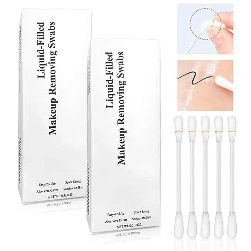 Portable Disposable Makeup Remover Swabs 0.3ml x 20pcs Liquid Filled Pre Moistened Cotton Swab for Eye Lip Care Oasis Select