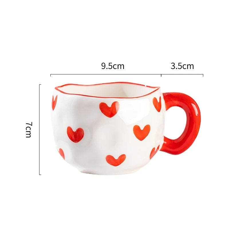 300ML Ceramic Mug Flower Heart Pattern Cute Hand Pinched Irregular Creative Style Coffee Cup Breakfast Milk Afternoon Tea Cups Oasis Select Red-heart 300ml