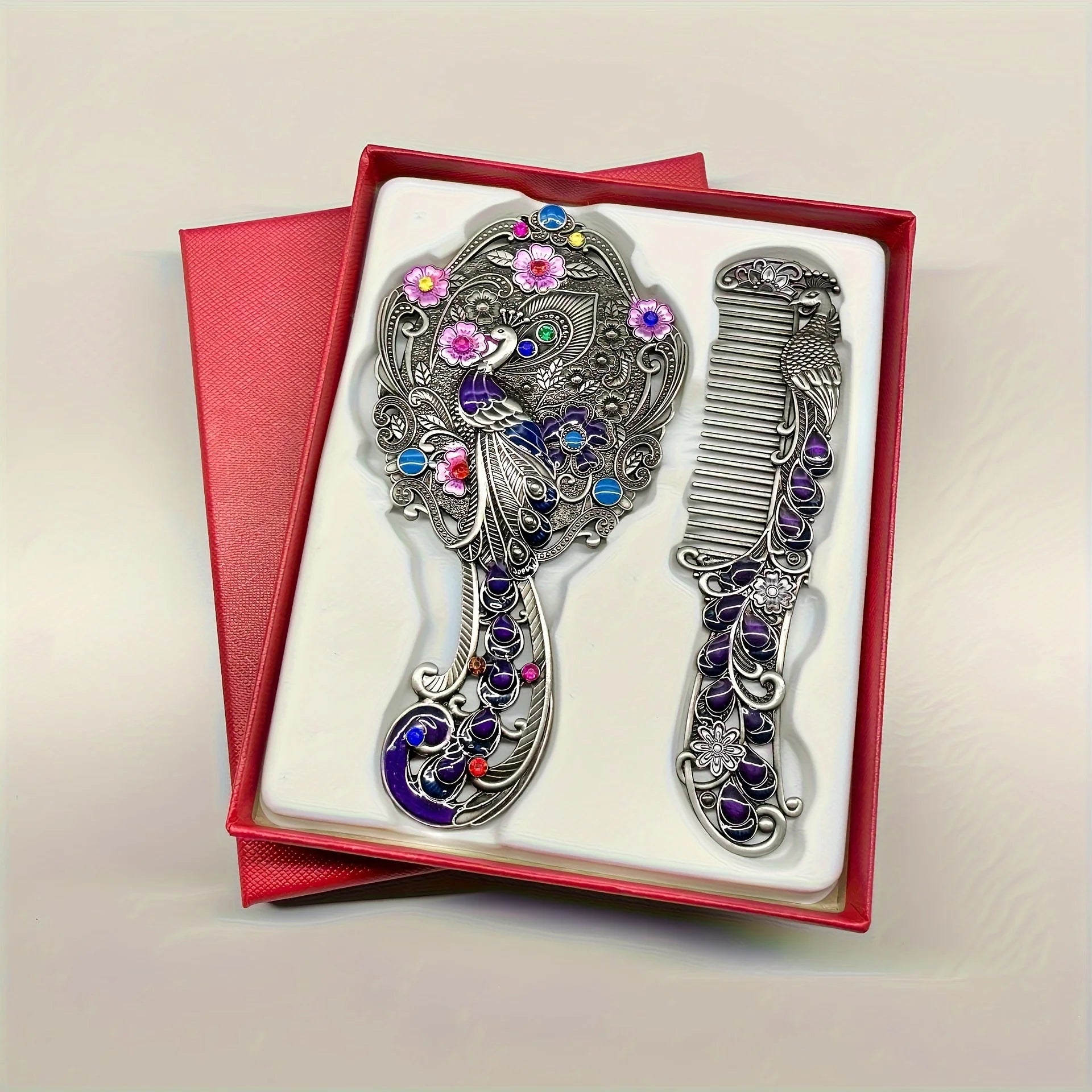 Vintage Peacock Handheld & Tabletop Mirror Set – 2pcs Decorative Mirror Set Oasis Select Apeacock