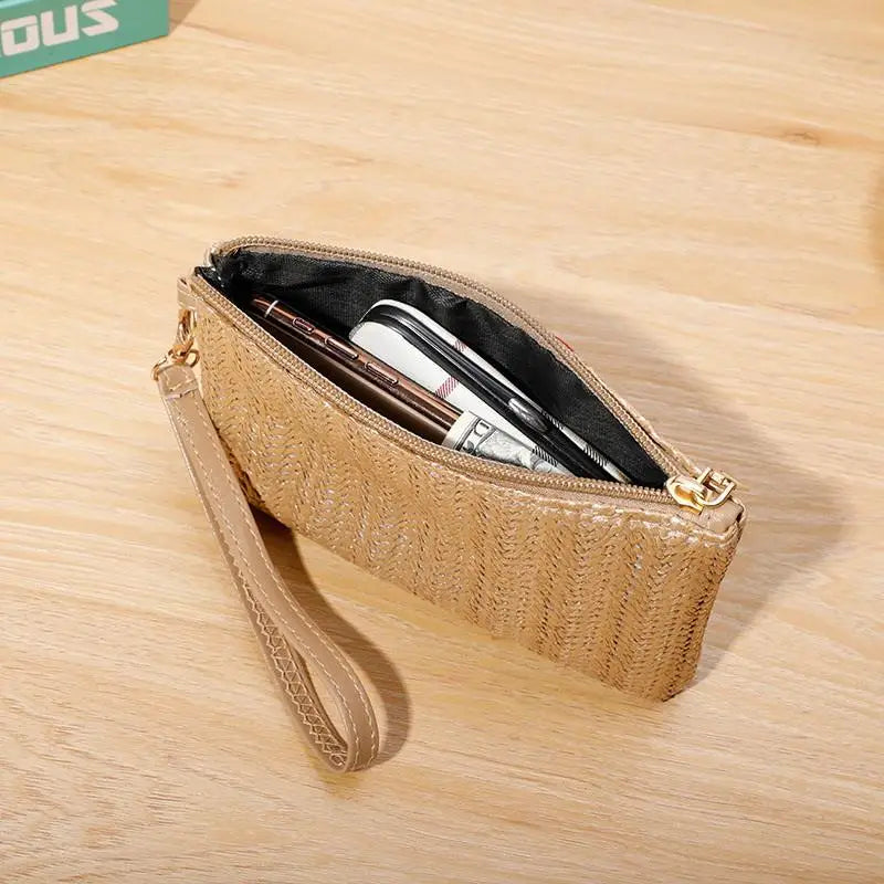 Weaving Bag Fashion Ladies Wristlet Clutch Women Daily Money Phone Clutch Solid Straw Woven Coin Purse Beach Wallet Card Holder Oasis Select