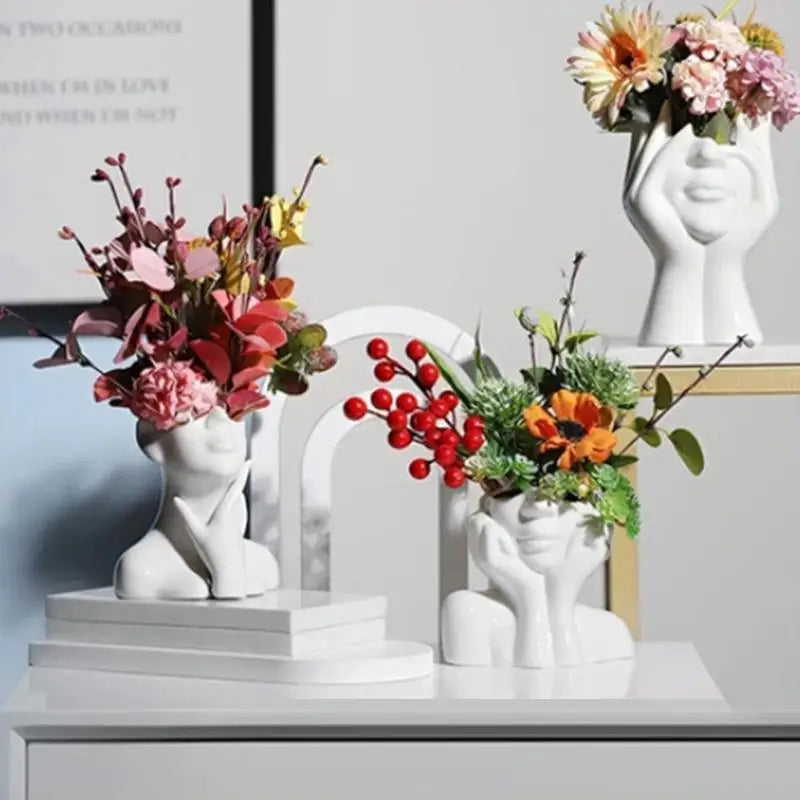 White Vase with Art Face Design, Creative Desktop Ornament Handmade Gift Modern Home Decor Oasis Select
