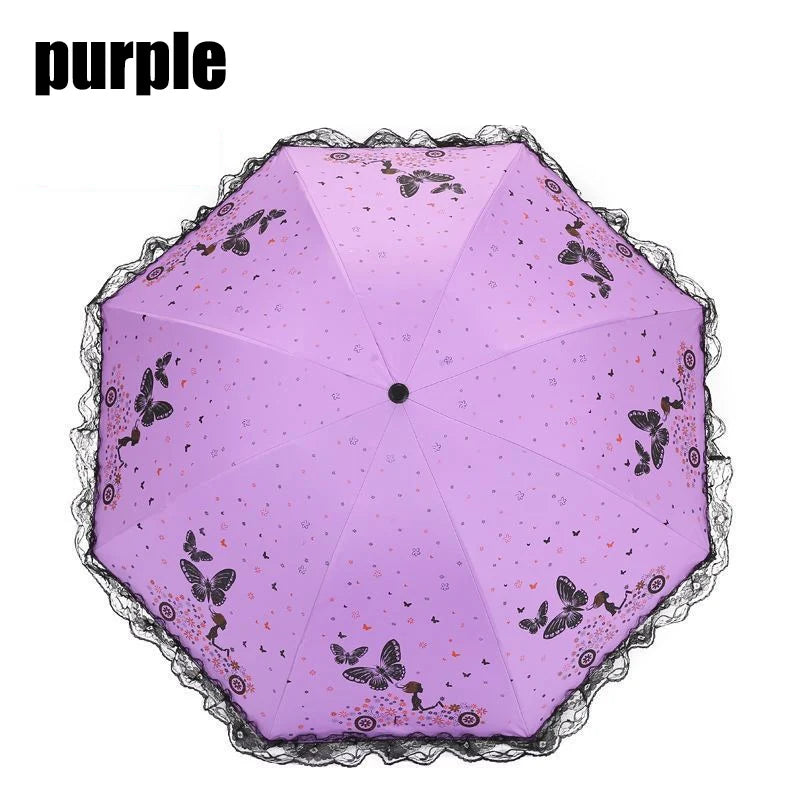 Butterfly Lace Printed Sunshade Umbrella For Both Rain Triple Fold Wind Resistant and Sun ResisTant Black Rubber Umbrella Oasis Select purple 8K