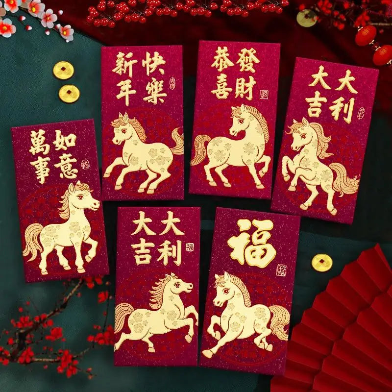 6Pcs Paper 2026 Horse Year Red Envelope Mini Cartoon Lucky Money Bag Traditional Blessing Red Pocket Marriage Celebration Oasis Select B14
