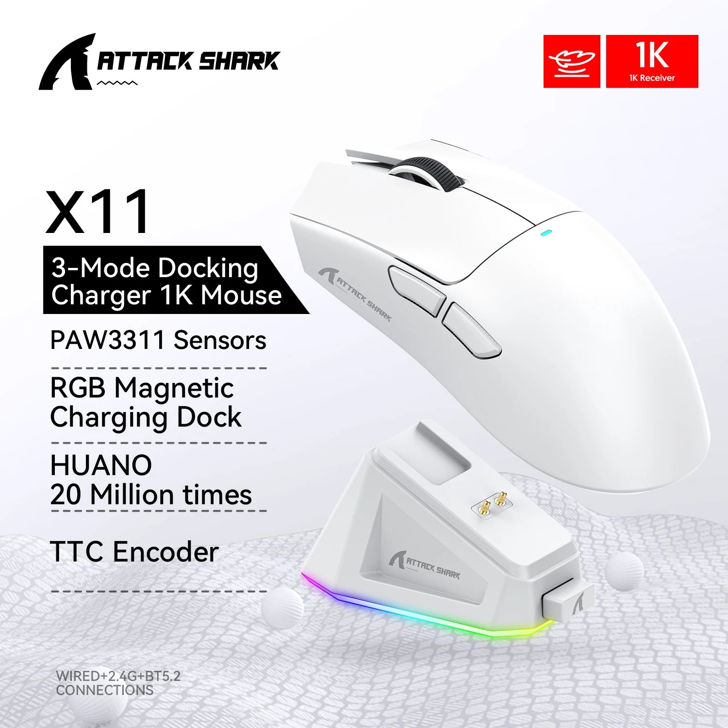 Attack Shark X11 Wireless Gaming Mouse: 3-Mode (2.4GHz/Wired/Bluetooth), PAW3311, 22000DPI, 400IPS, PC Gaming Mouse Oasis Select X11 White
