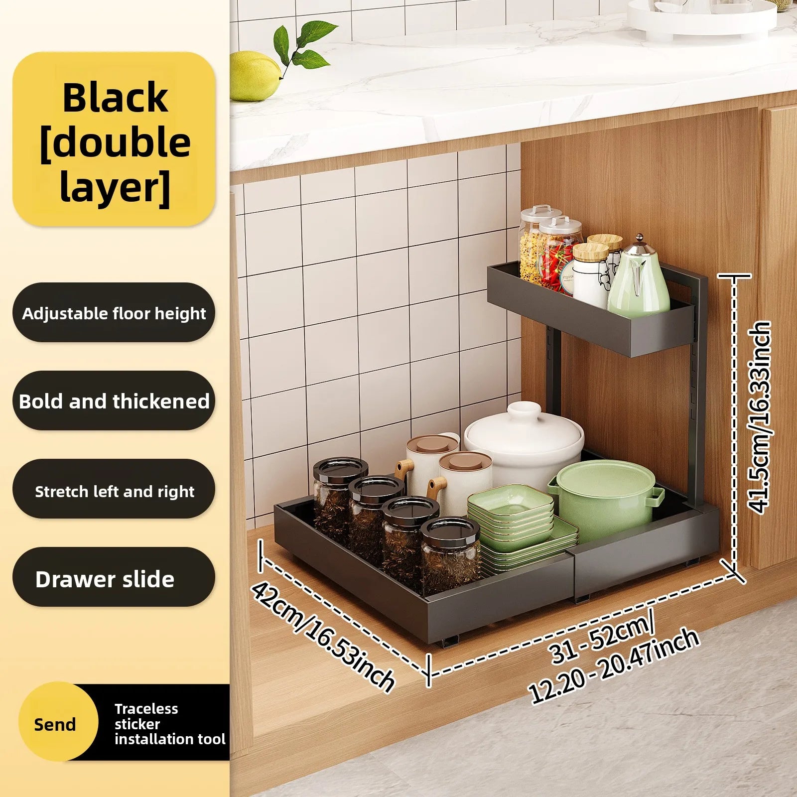 Kitchen retractable rack, seasoning bottle in cabinet, pulling storage rack, sink, pot, sundries, organizing rack, drawer Oasis Select Black 2layer L shape