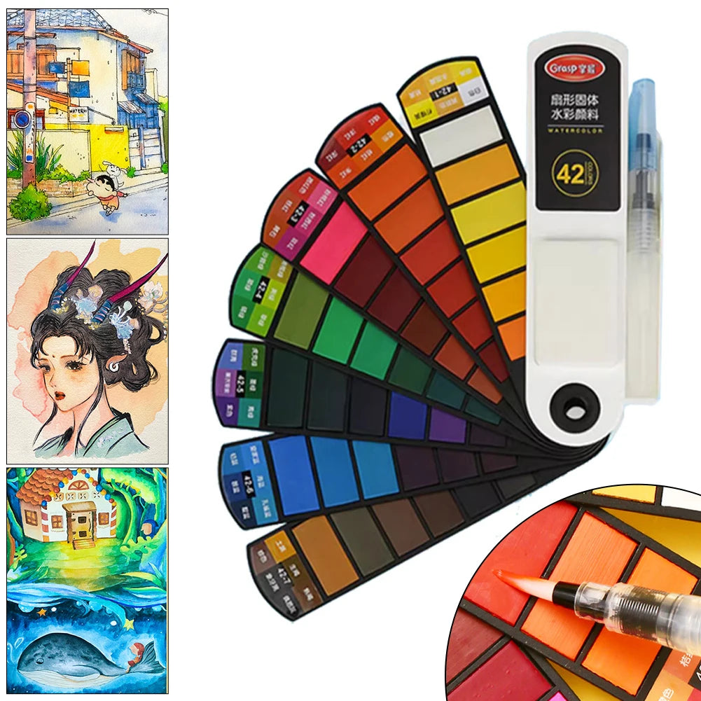 Fan-Shaped Solid Watercolor Set 18/24/36/42 Colors + Brush Pen