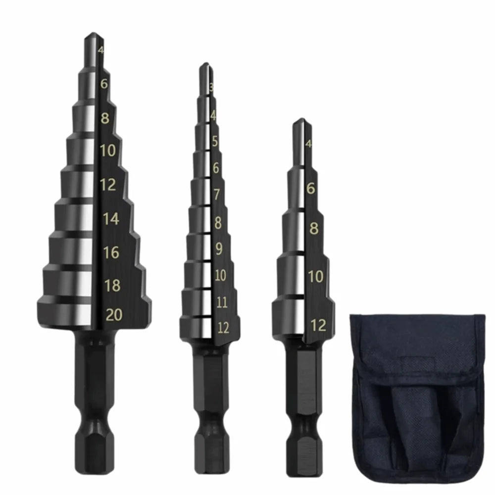 3-Piece HSS Titanium Step Drill Bit Set – Multiple Hole Sizes