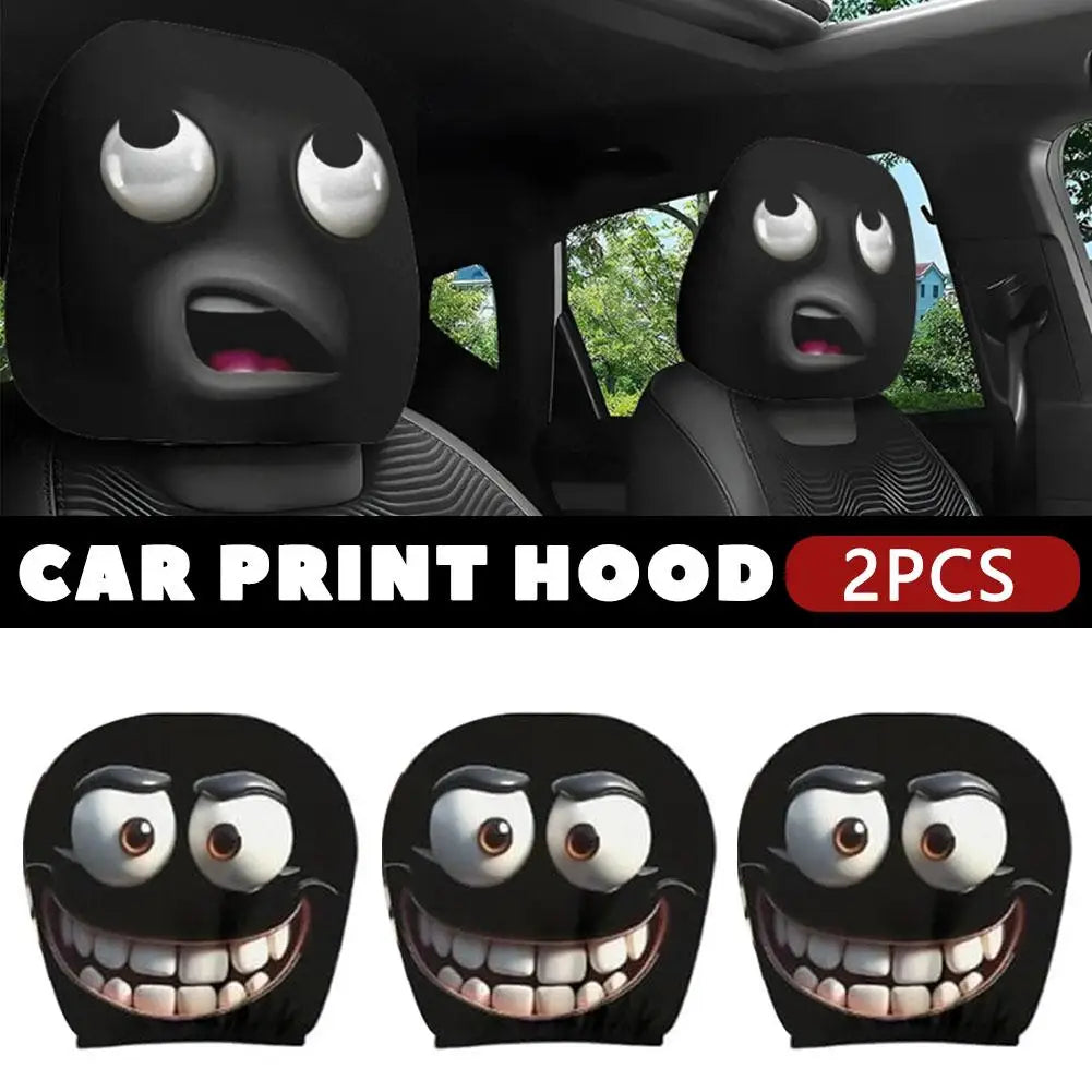 2pcs Halloween Decoration Black Skull Car Print Headrest Cover Universal Stretchy Spooky Fun Universal Head Cover Auto Parts Oasis Select