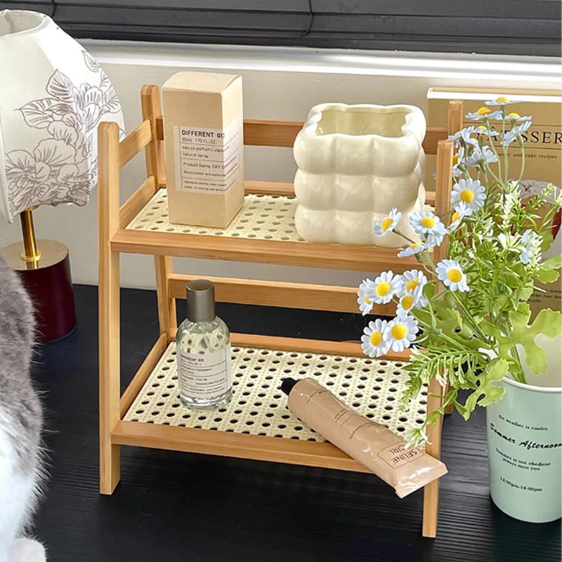 Bamboo Rattan Desktop Shelf Organizer – Cup & Sundry Holder