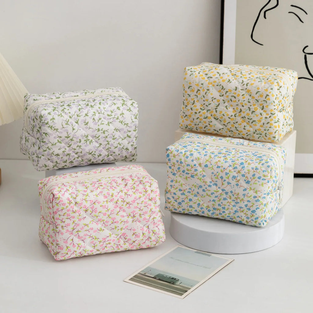 Floral Puffy Quilted Large Makeup Bag Travel Cosmetic Pouch Flower Printed Storage Organizer Makeup Accessory Oasis Select