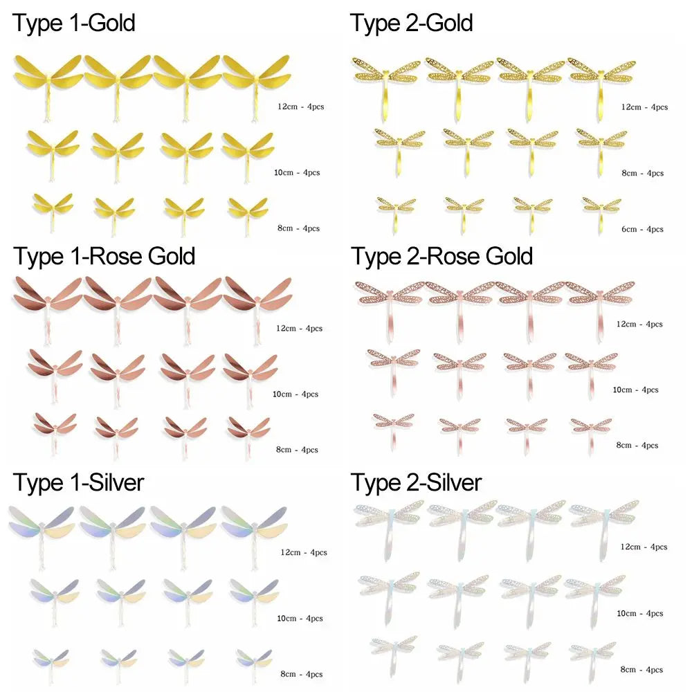 12-Pack 3D Dragonfly Wall Stickers – Gold Silver Rose Gold