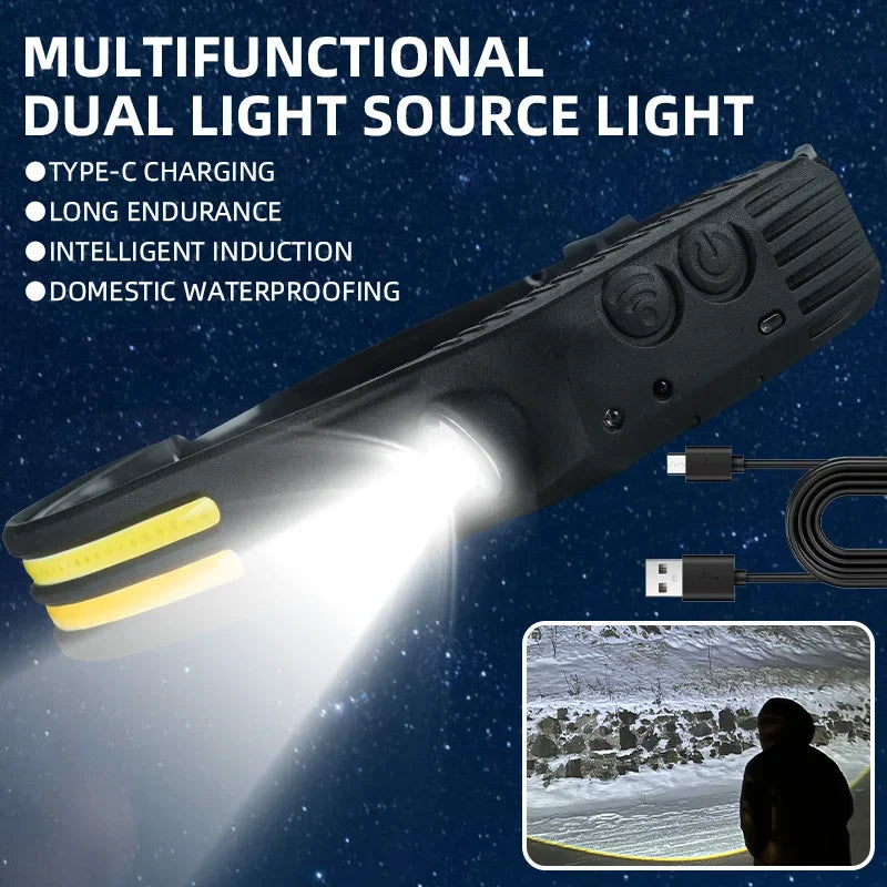 LED Headlight Sensor With Built-in Battery Head Flashlight USB Charging Work Light Super Bright Headband Oasis Select