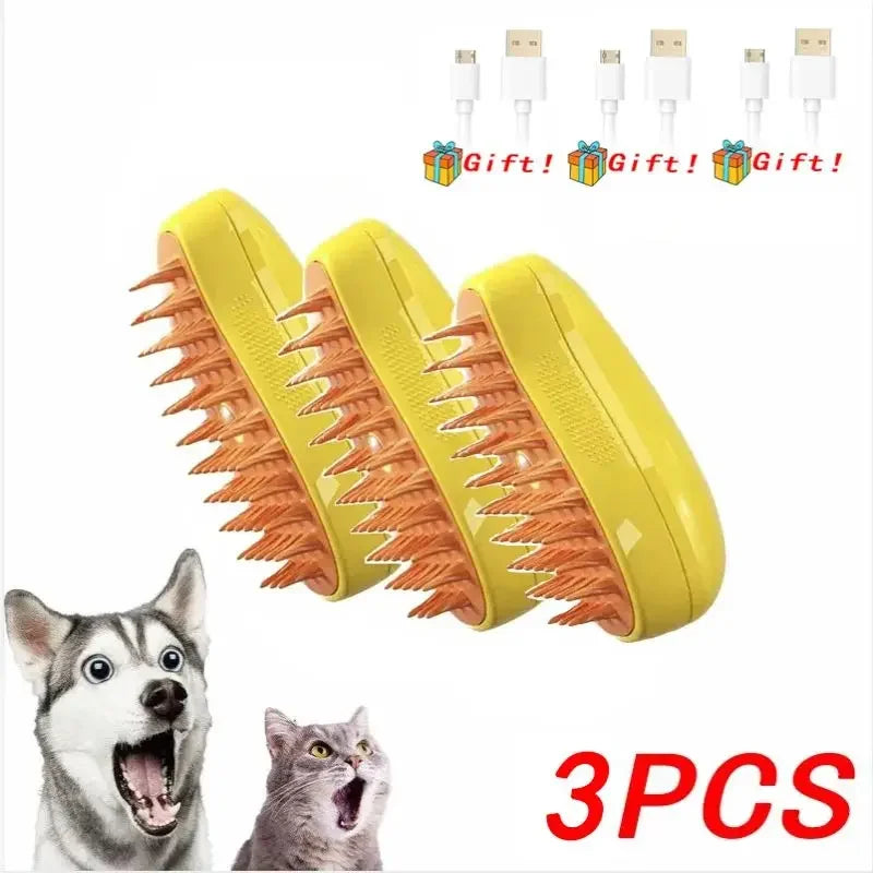 3-in-1 Dog Hair Cat Hair Brush Electric Pet Cleaning Brush Steam Spray Brush Massage Hair Removal Comb Anti Flying Brushes Oasis Select 3PCS-Yellow