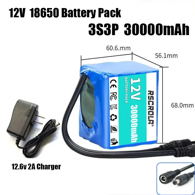 12V 20Ah-60Ah 3S6P 18650 Lithium Ion Battery Pack with BMS + Charger Super Large Capacity Rechargeable DC12.6V Oasis Select 3s3p 30Ah
