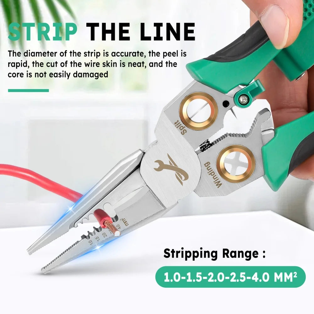 JUSTINLAU 8-in1 Electrician's Pliers Multi-function Wire Stripper Stainless Steel Needle-nose Pliers with Electrical Measurement Oasis Select