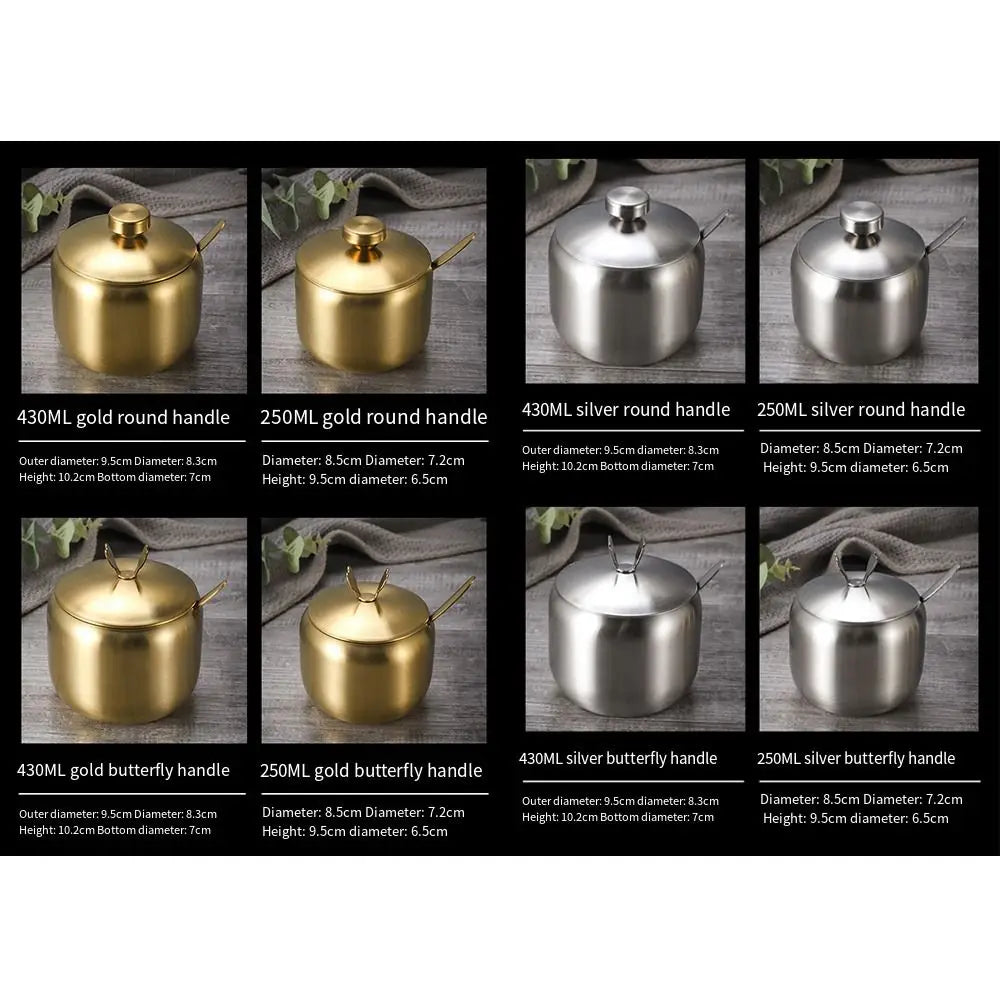 Stainless Steel Sugar Bowl with Lid & Spoon | Gold & Silver Sugar Bowl & Spice Jar Oasis Select