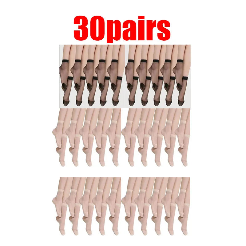 10/20/30pairs Skin Socks Women Sexy Ultrathin Stockings Female Transparent Nylon Crystal Short Ankle Sock Non-Slip Silk Socks Oasis Select 30pairs mix 1 One Size