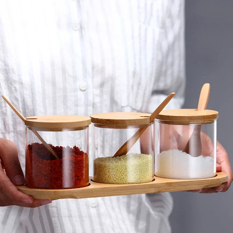 Kitchen Glass Condiment Jars Set Clear Spice Salt Container with Tray Coffee Beans Organizer Bottle Dust-Proof Seasoning Bottle Oasis Select
