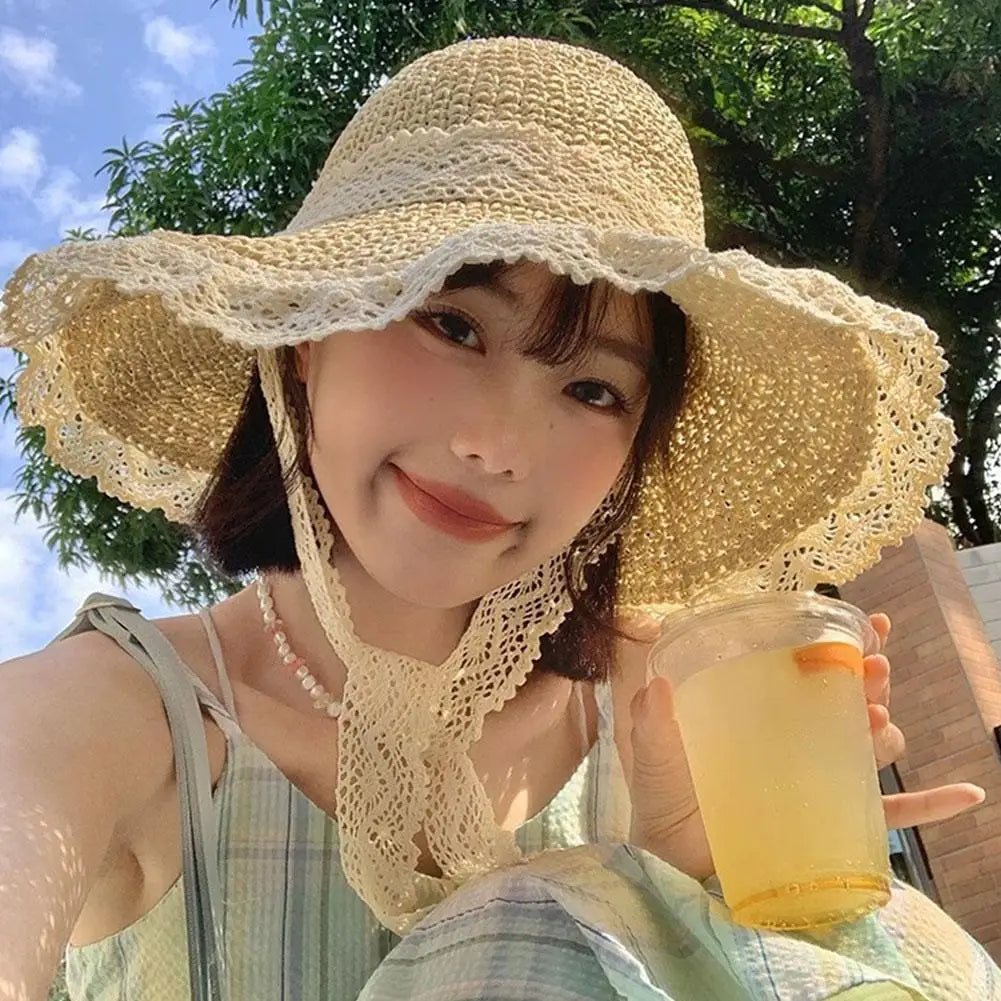 Women's Wide Brim Straw Sun Hat – Lace Beach UV Protection